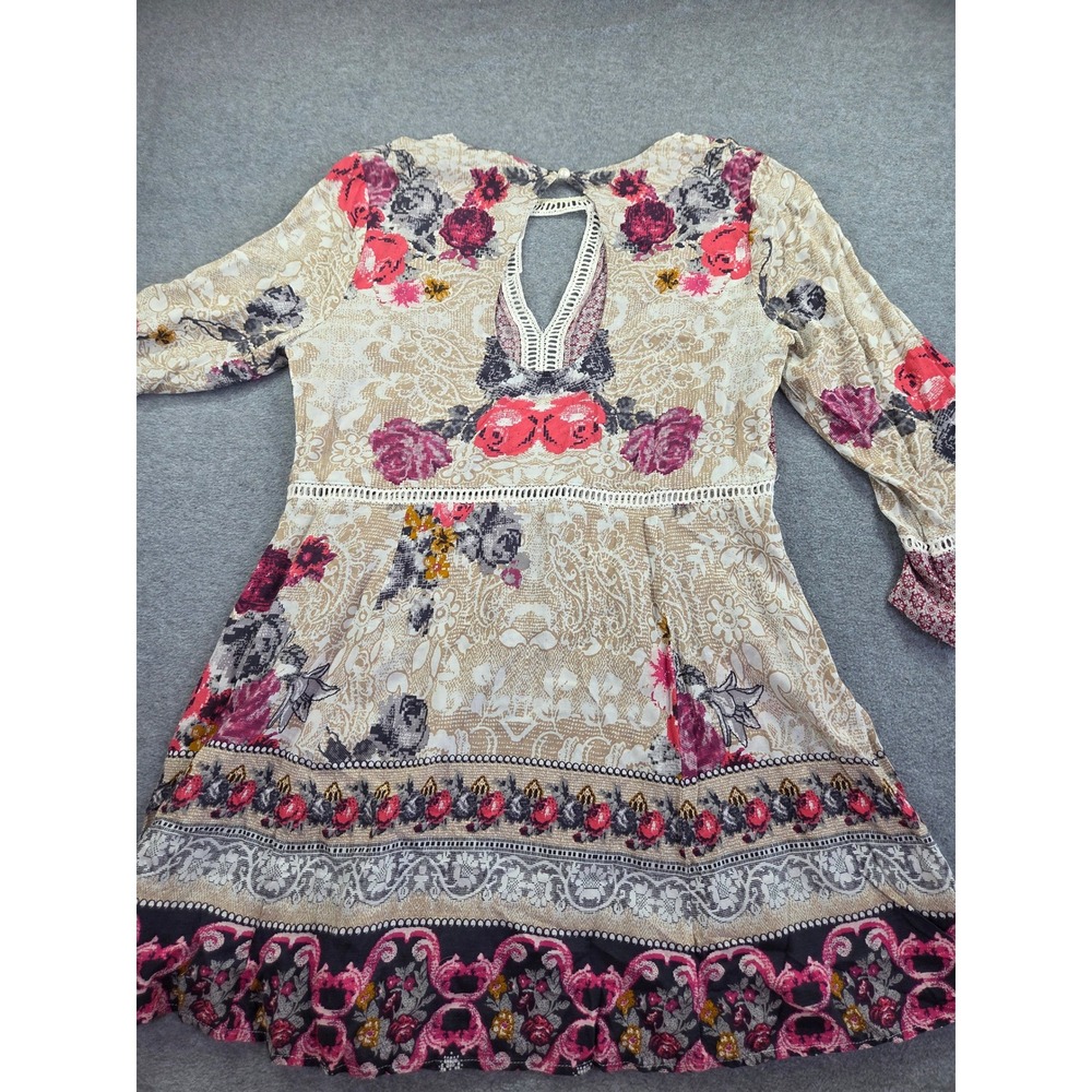 En Creme Womens Mixed Floral Print Crochet Trim Tunic Top M Pink Boho Festival